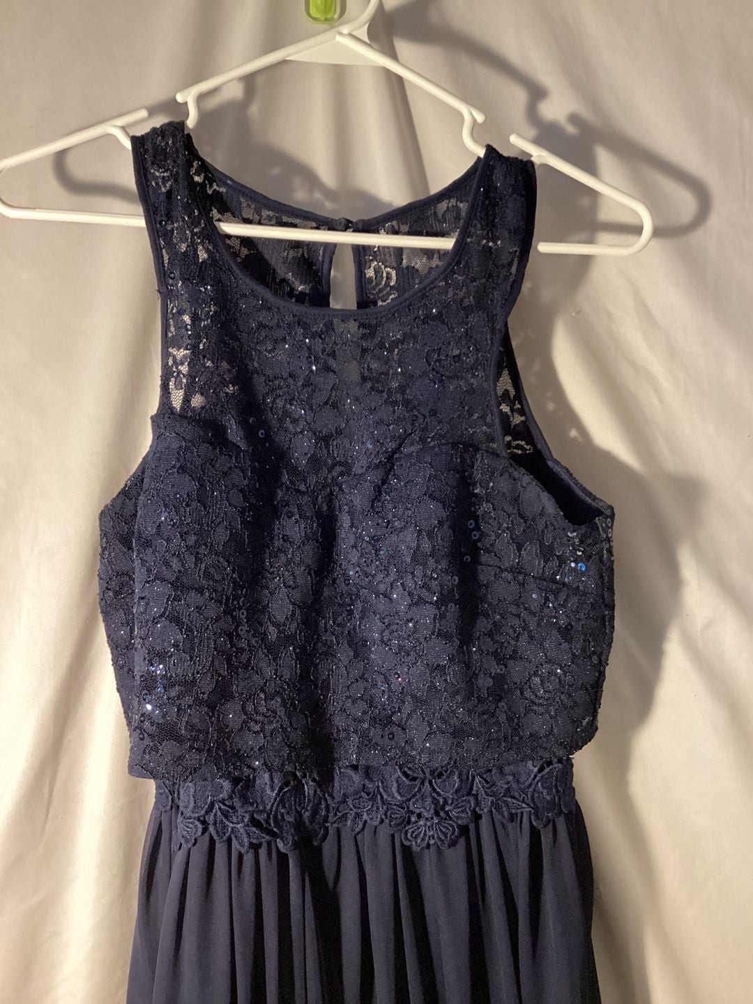 BCX Dress Sleeveless Navy Blue Lace Bodice with Sequins and Chiffon Skirt
