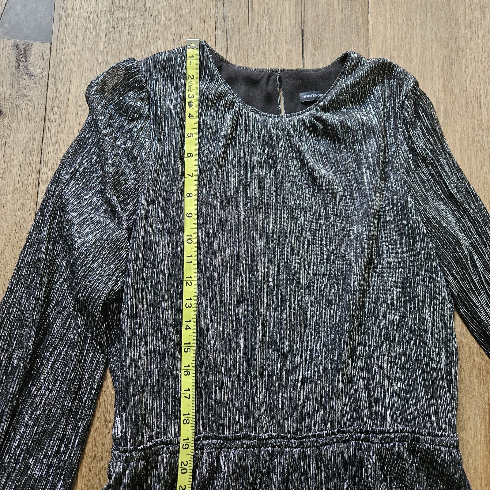 White House Black Market Metallic Pleated Fit & Flare Dress L Silver Black
