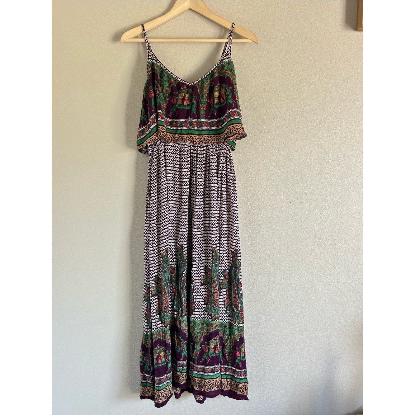 Anthropologie RAGA Boho Printed Maxi Dress Tiered Sleeveless Dress Small (E1)