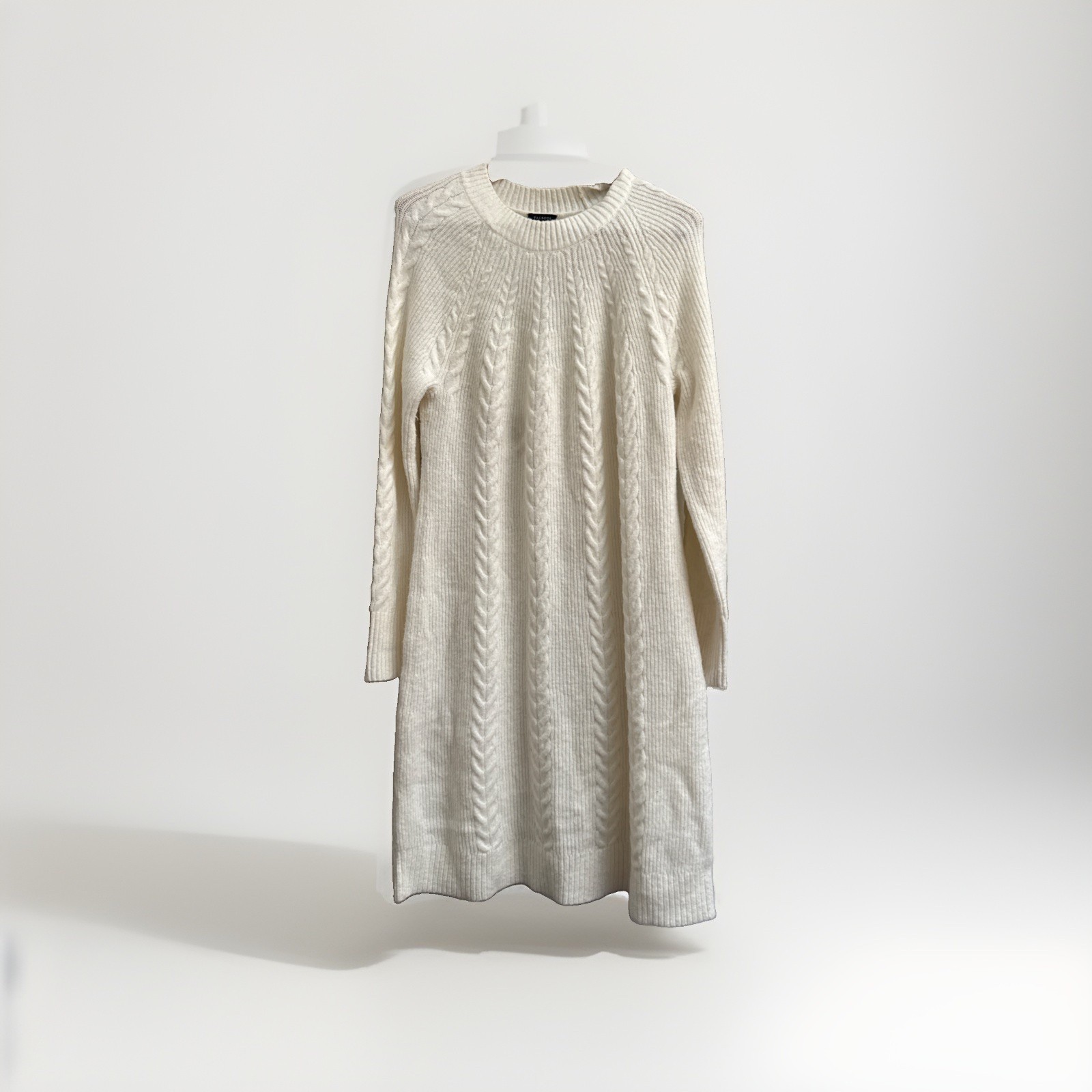 Talbots Cable Knit Shift Sweater Dress Size Large Ivory Long Sleeve Wool Blend