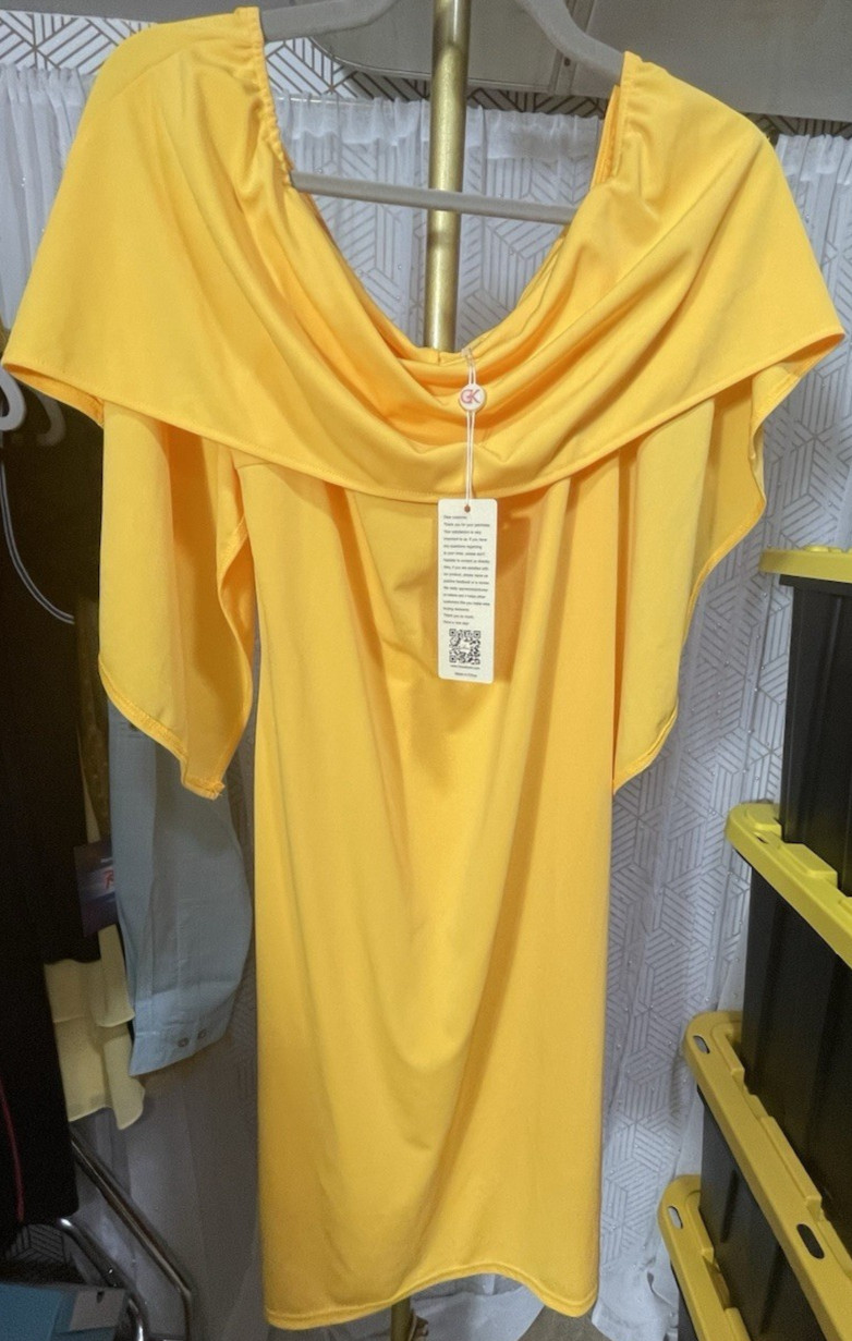 NWT Grace Karin Women’s Off Shoulder Batwing Cape Slim Midi Dress Yellow Size L