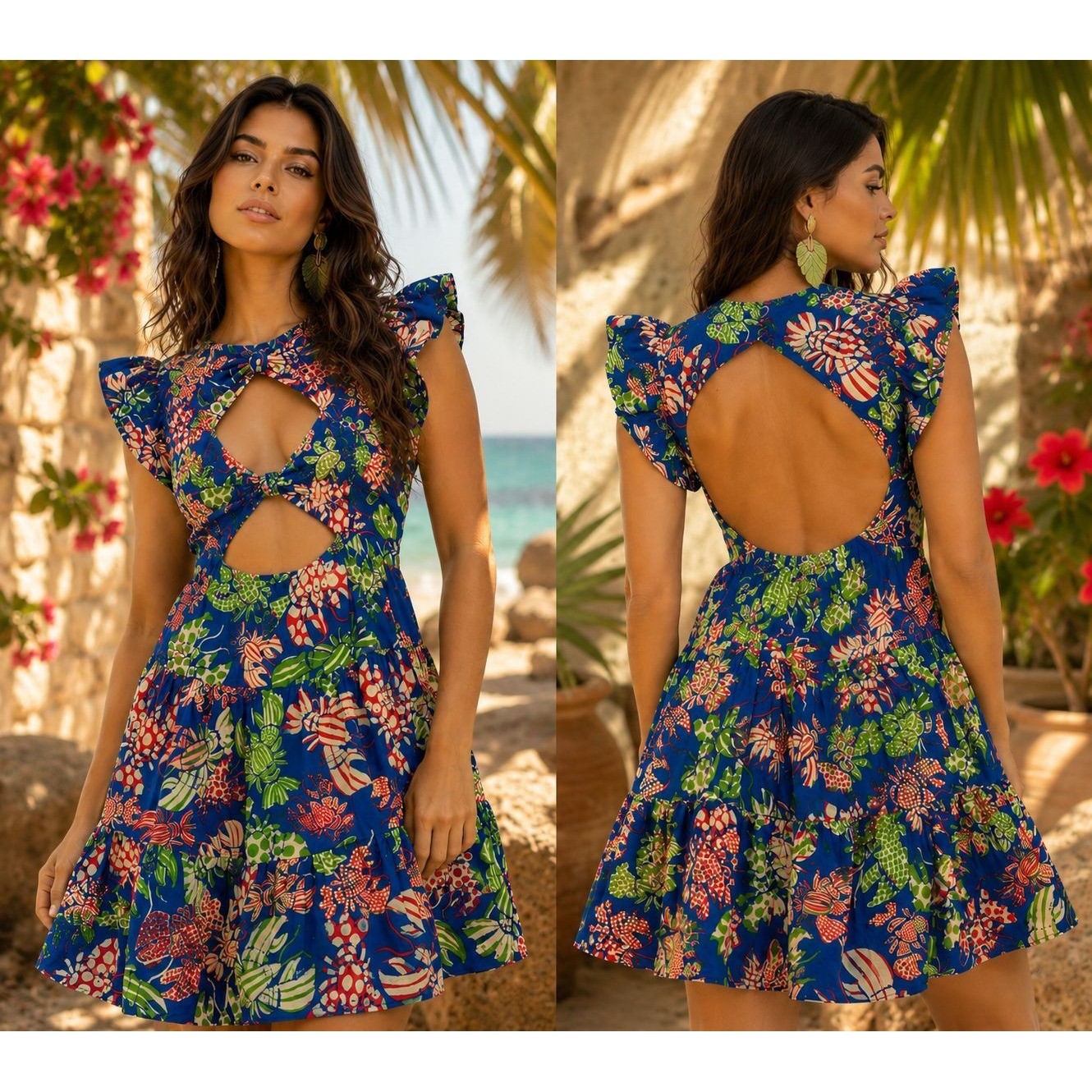 Farm Rio Dress Women Blue Seafood Ruffle Cutout Open Back Tropical Print S NWT