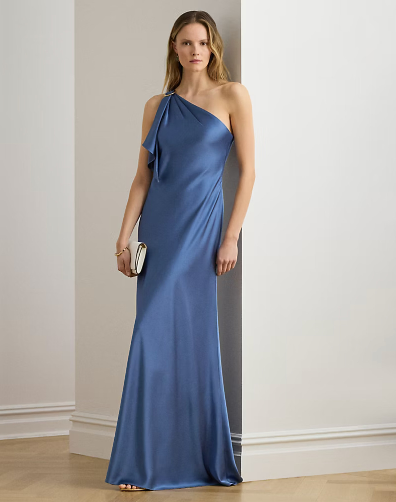 Lauren Ralph Lauren Women Blue Satin Charmeuse One-Shoulder Gown Size 12 NWT
