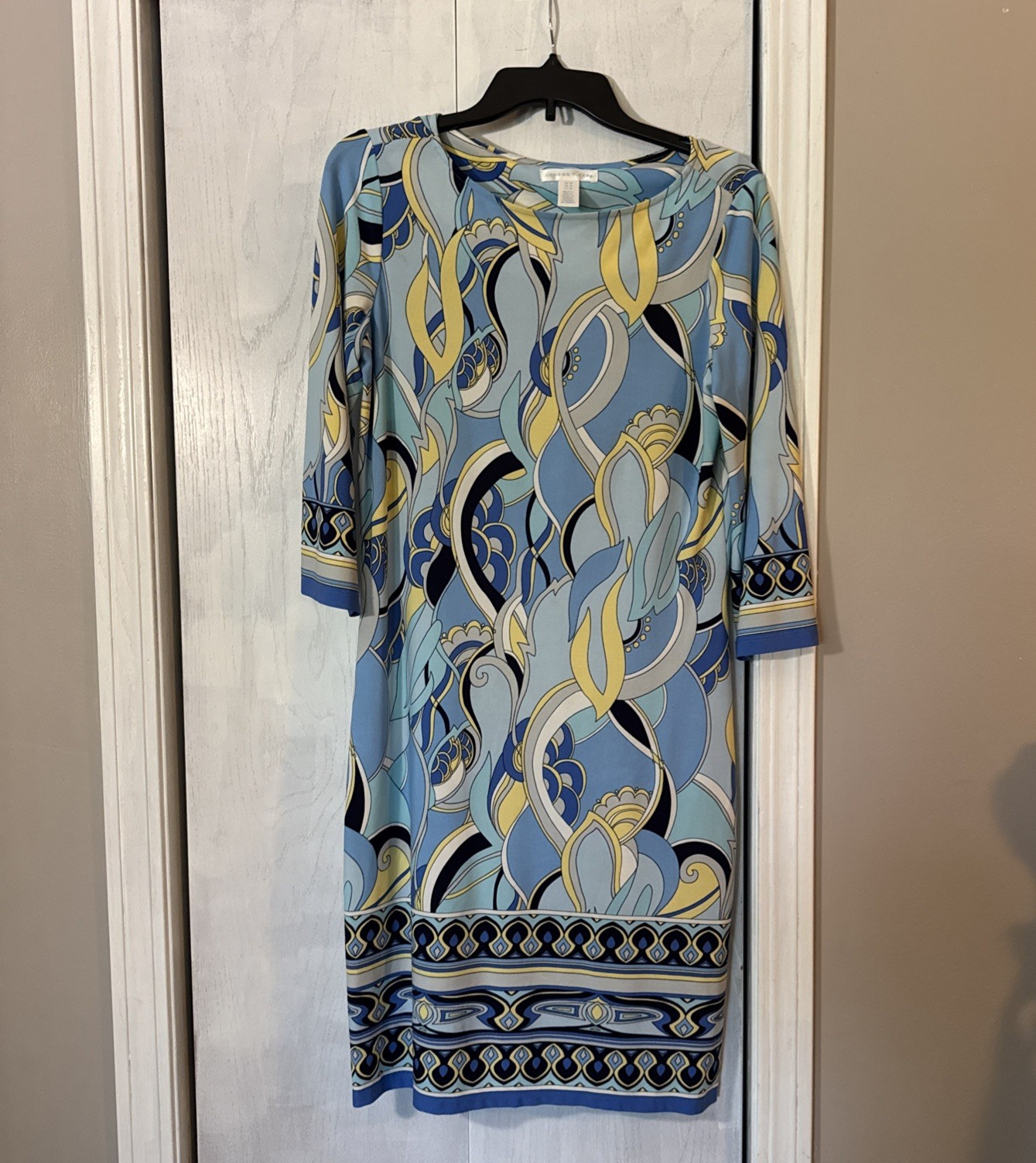 London Times 10 Blue Green Abstract Print Stretch Dress Midi 3/4 Sleeve #56