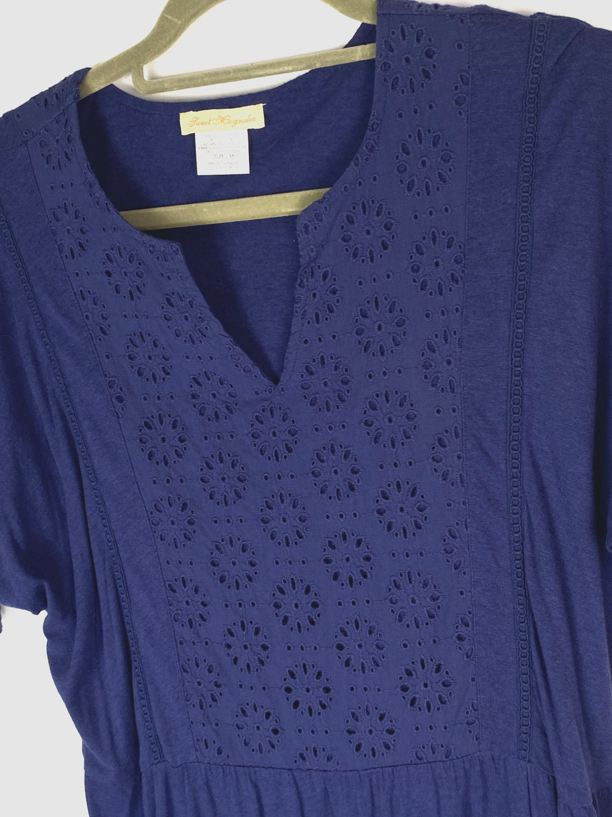 Sweet Magnolia Nave Blue Eyelet Embroidered Shirt Dress Sz M Prairie Twee Boho