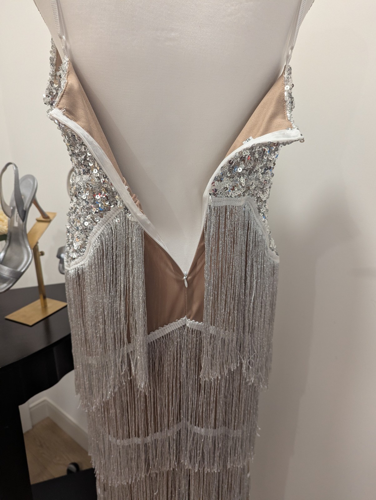 XL Silver Solid Sequin Fringe Mesh V-Neck Strappy Zip Stretch Maxi Dress