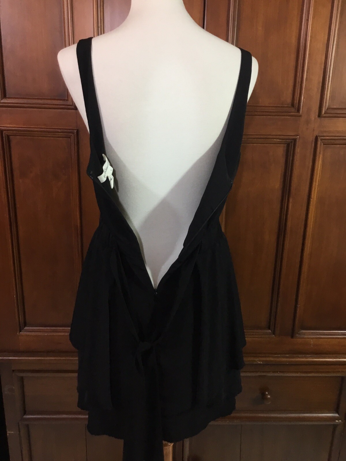 BCBG Generation Dress Solid Black Full Zip And Tie Back Cute Skirt Layer Elastic
