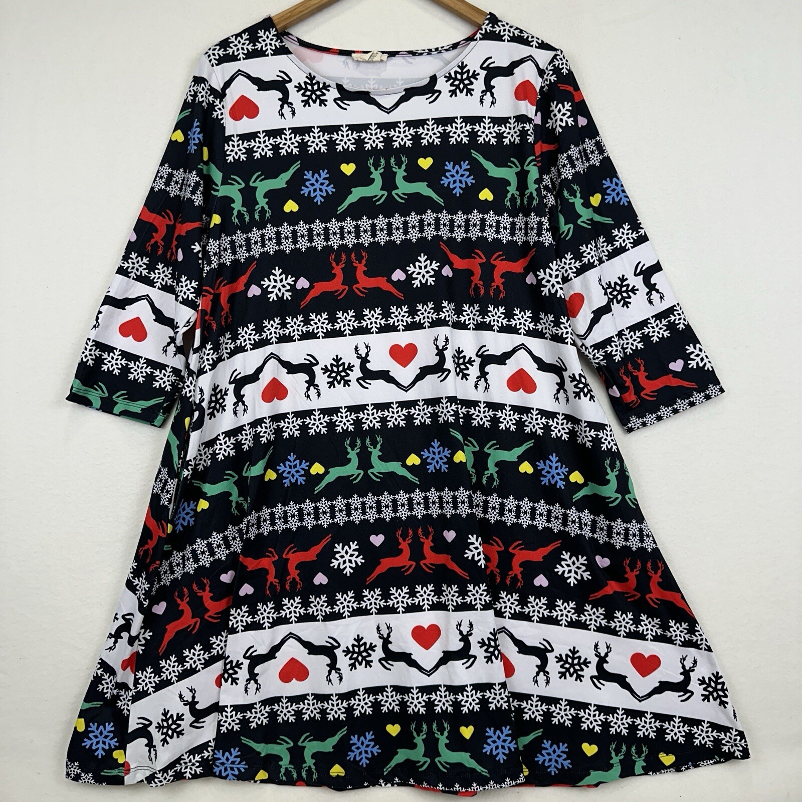 YELETE Women’s Christmas Reindeer Dress Size XL Pockets 3/4 Sleeve Flowy Short