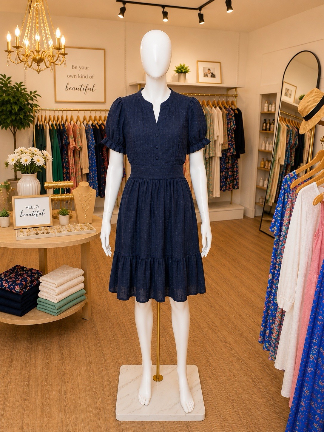 NWT Woman’s Navy Puff Sleeve Tired Dress Classic Feminine Style Size PS