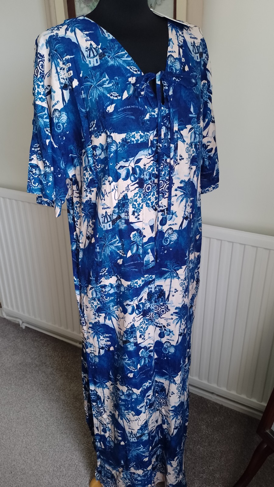 BNWT NEXT LONG LINEN BLEND MEDITERRANEAN PRINT LONG DRESS – MED -12/14.