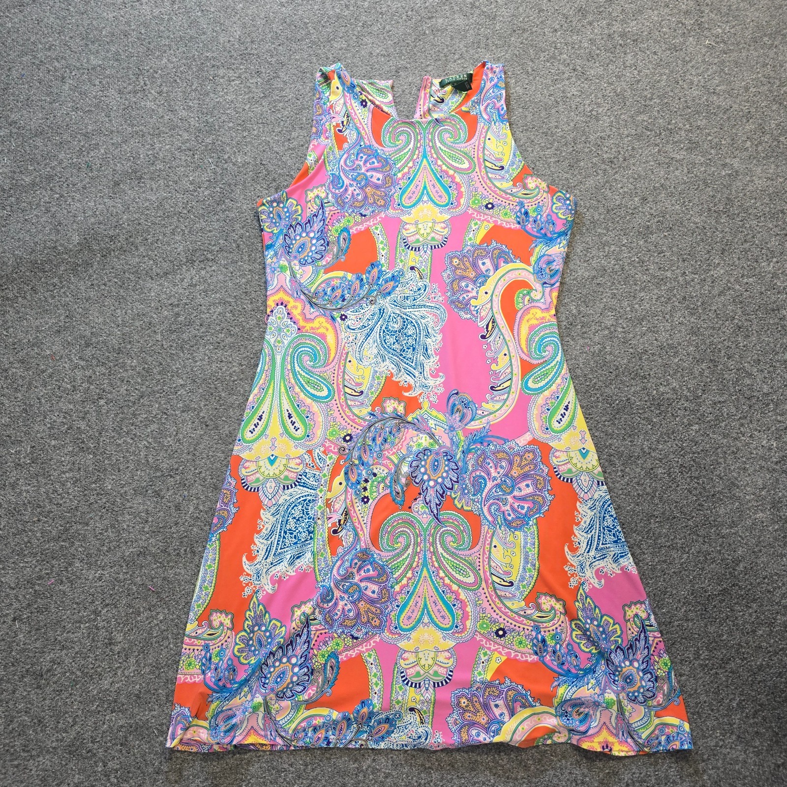 Lauren Ralph Lauren Dress Womens XL Orange Blue Paisley No Iron A Line Casual