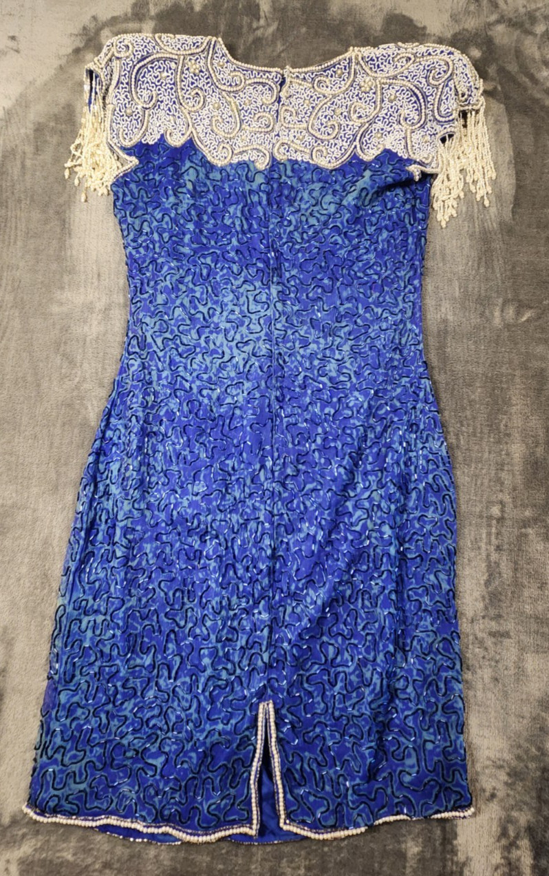 Scala Dress Womens Medium Blue Flapper Beaded Sequin Silk Short Fringe Z*