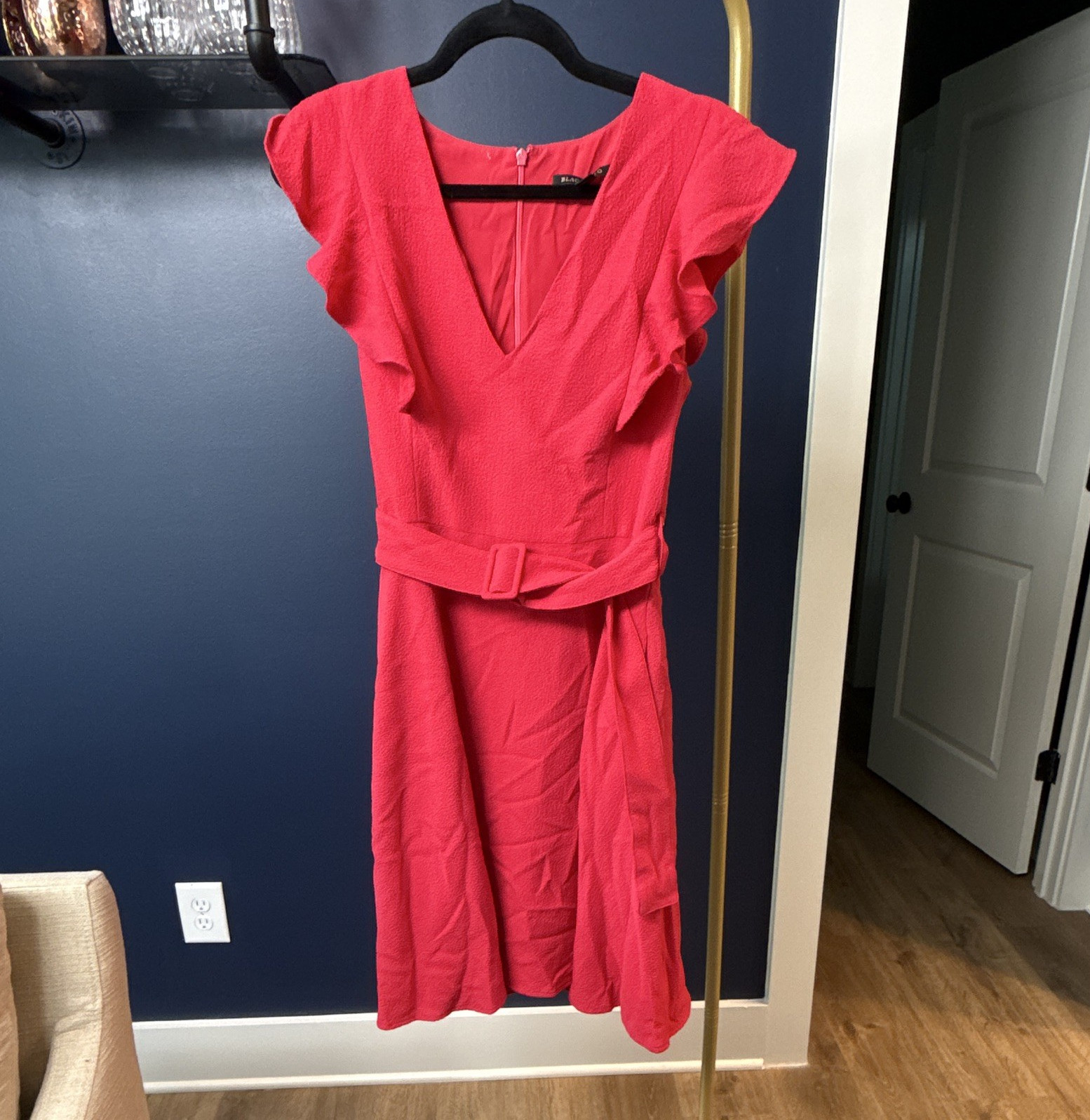 Black Halo 6 Pink Solid A-Line Dress V-Neck Flutter Sleeve Ruffle Belted Zip