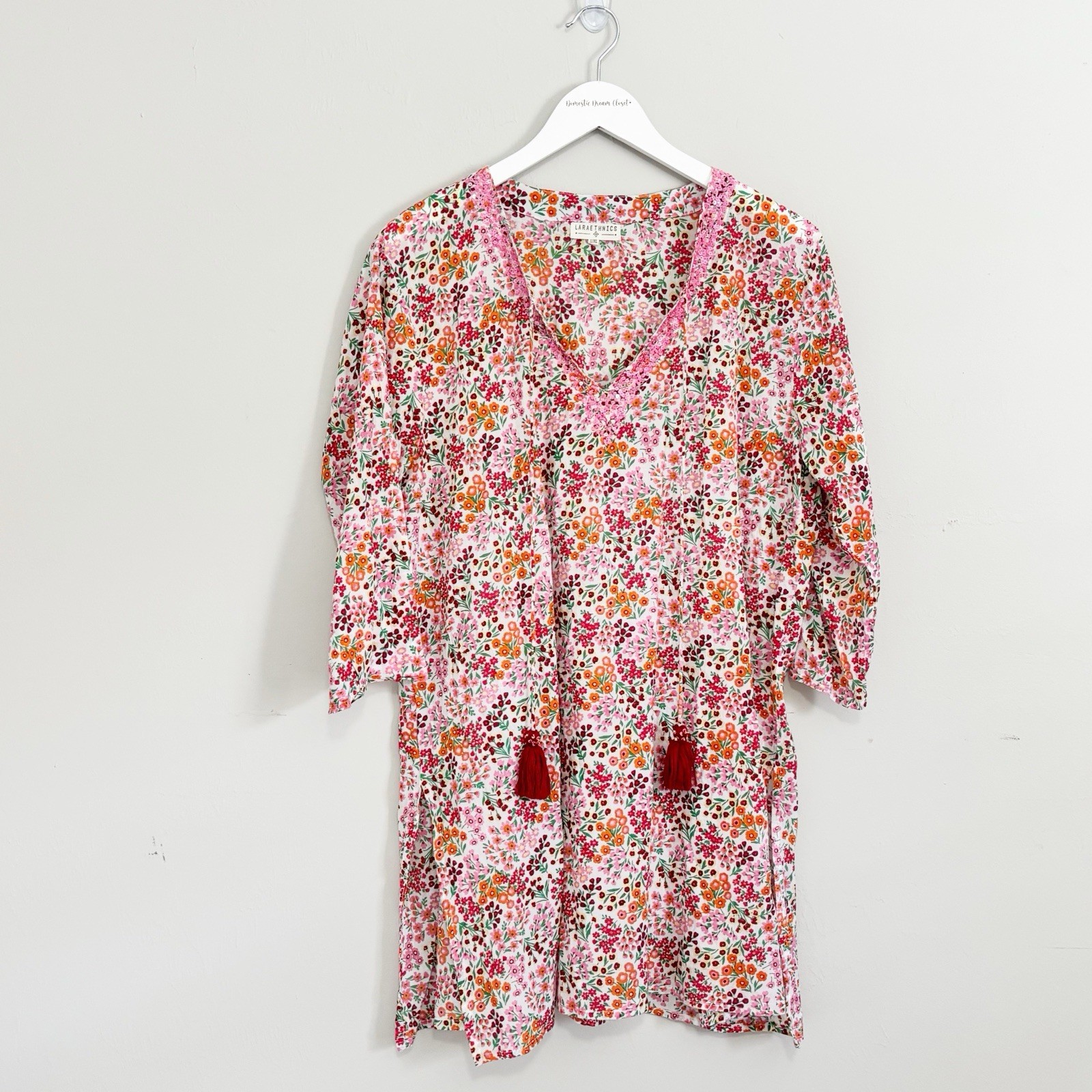 LARAETHNICS Women’s Pink Red Multi Cotton Ditsy Floral Sequined Dress Size L/XL