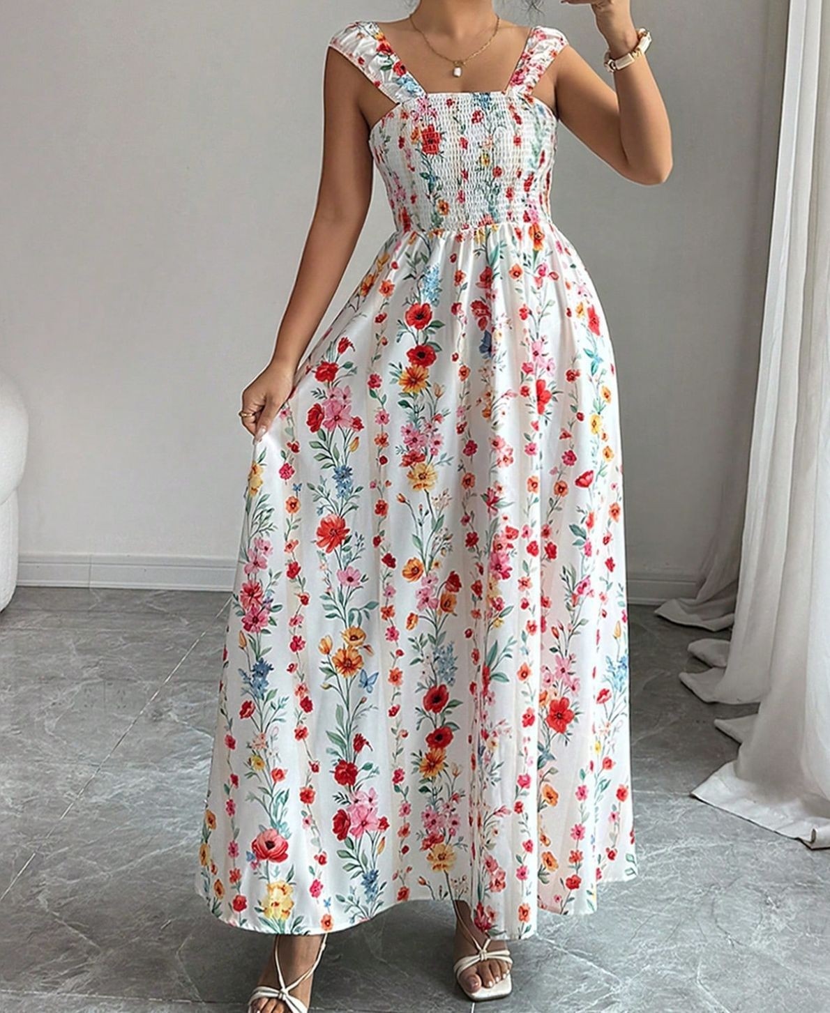 Women’s Elegant A-Line Midi Dress Sleeveless Square Neck Summer Strap Dress