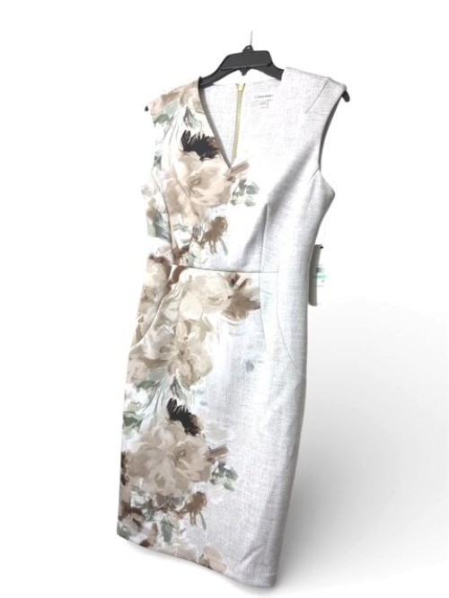 Calvin Klein Womens Tan White Floral Midi Dress Sleeveless Scuba Sheath Sz 8 New