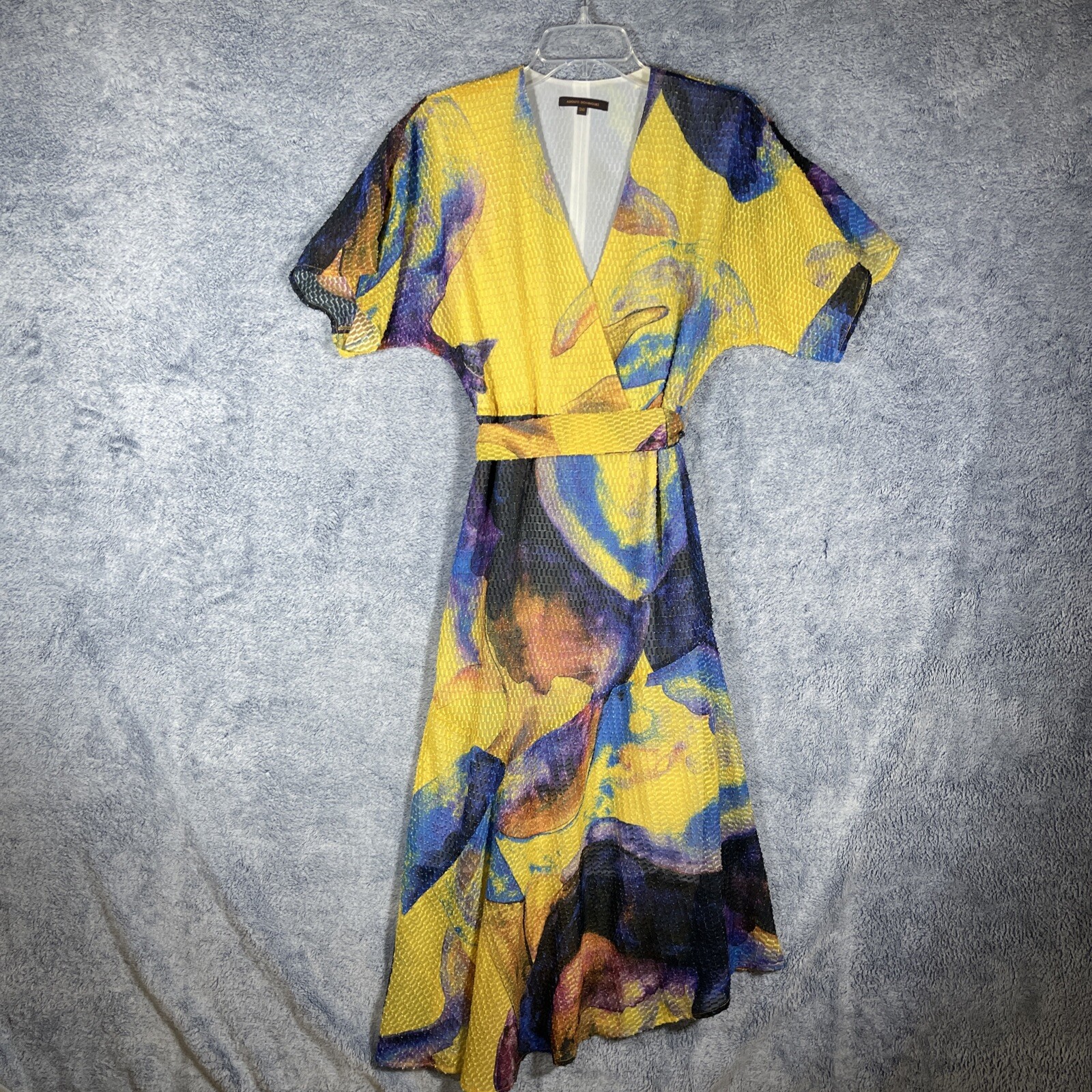 Adolfo Dominguez Women’s Colorful V-Neck Belt Lined Dress Pockets Sz EU 36/US 2