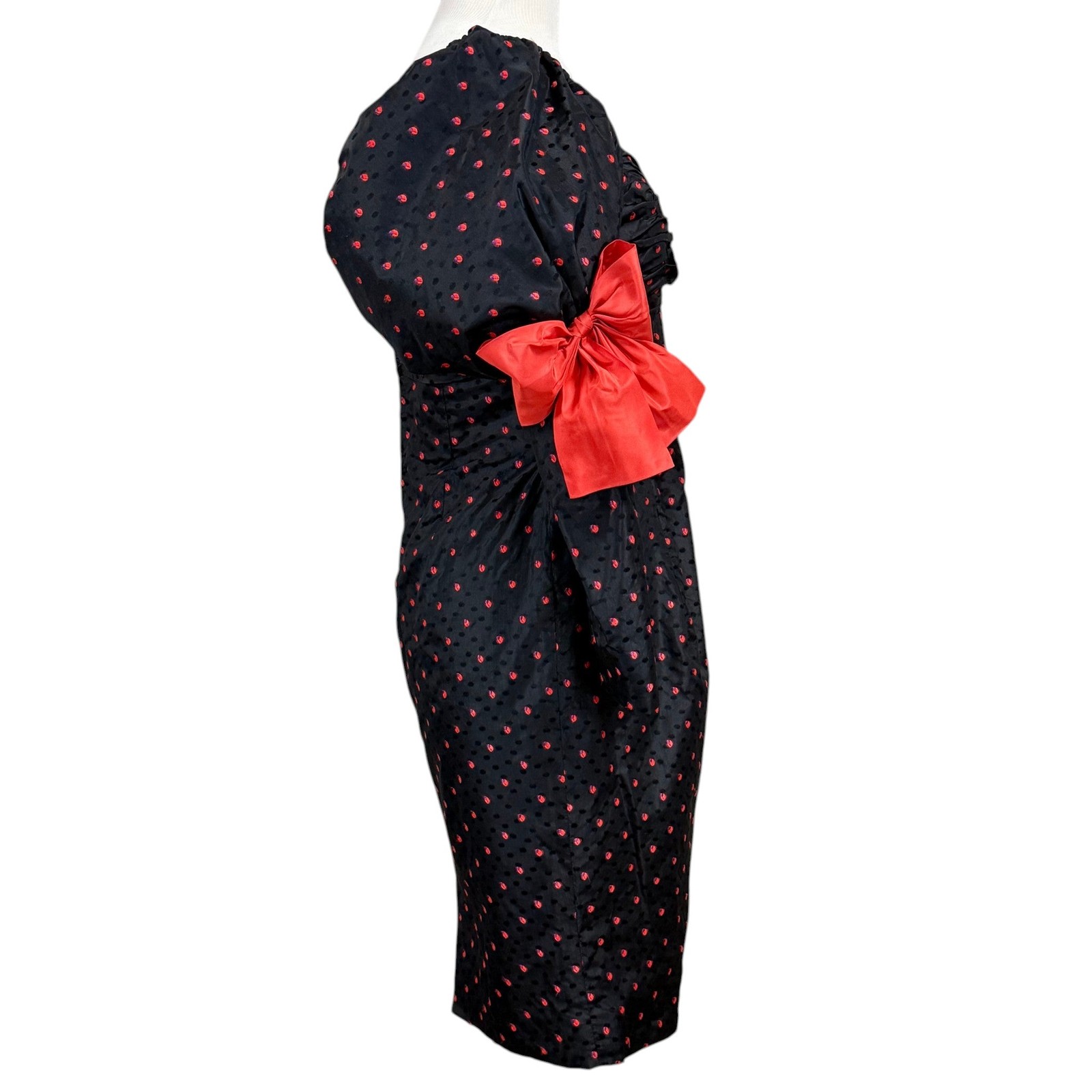 Vintage 80s Isabelle Allard Paris Puff Sleeve Silk Cocktail Dress Black Red Bow