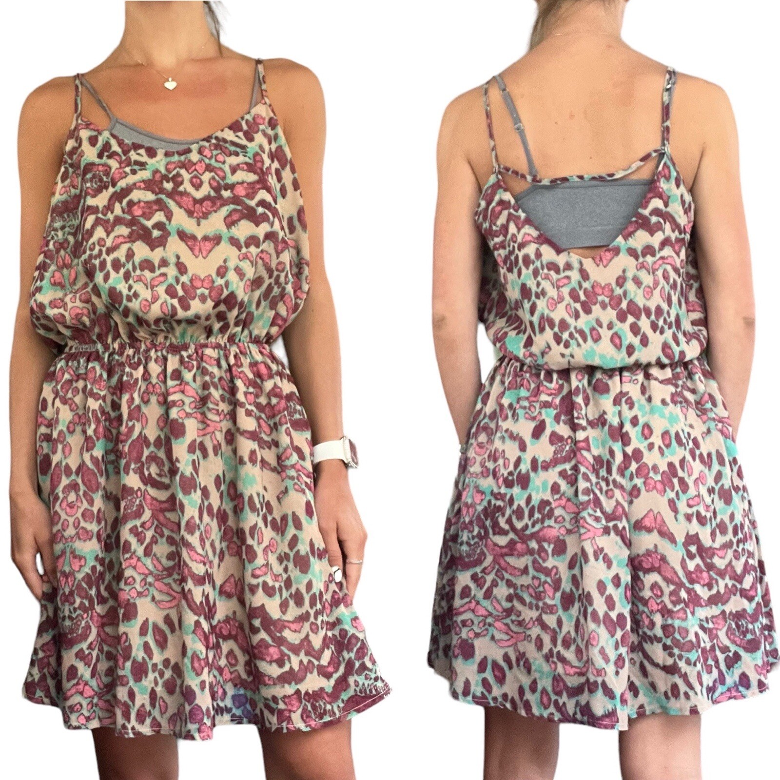Miss Me Womens Size Medium Tan Teal Pink Animal Abstract Pattern Tank Mini Dress