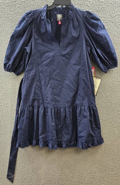 Vince Camuto Split-Neckline Elbow-Sleeve Tie Waist Dress Women’s 8 Navy Pullover