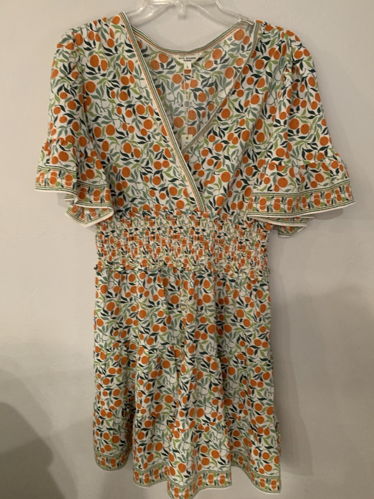 Max Studio London White Orange Green Floral Smocked V-Neck Mini Dress L NWT