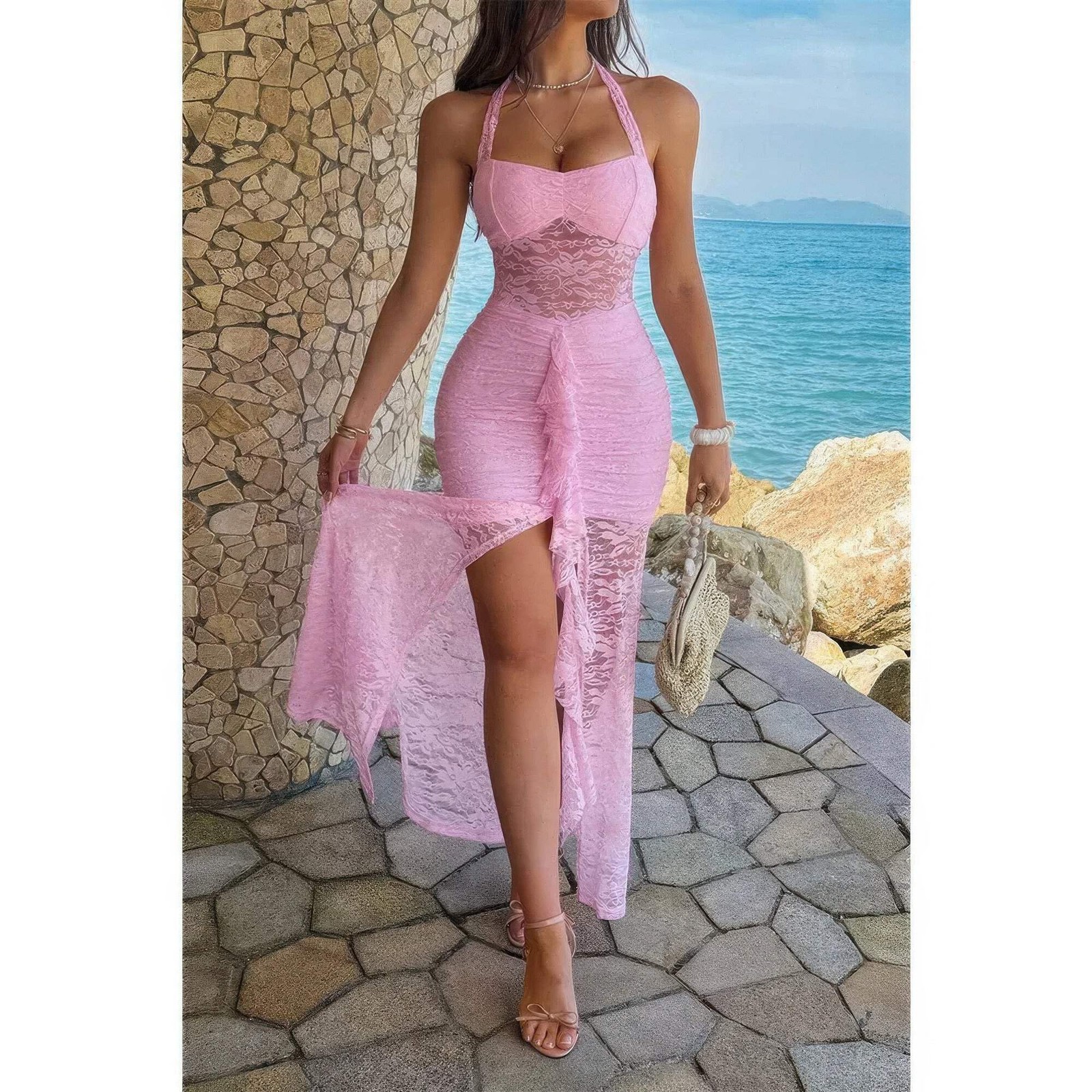 Women’s Pink Halter Bodycon Maxi Dress Ruched Lace Draped Stretch Party Wedding