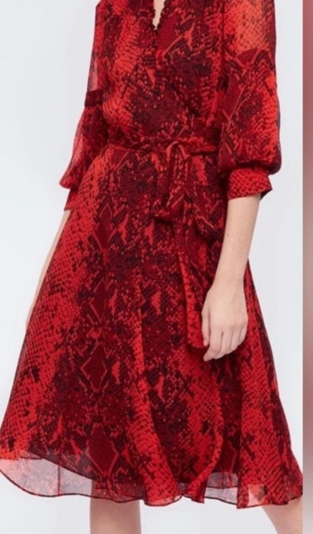 Diane Von Furstenberg Adele Wrap Snake Print Red V-Neck 3/4 Sleeve Dress 6