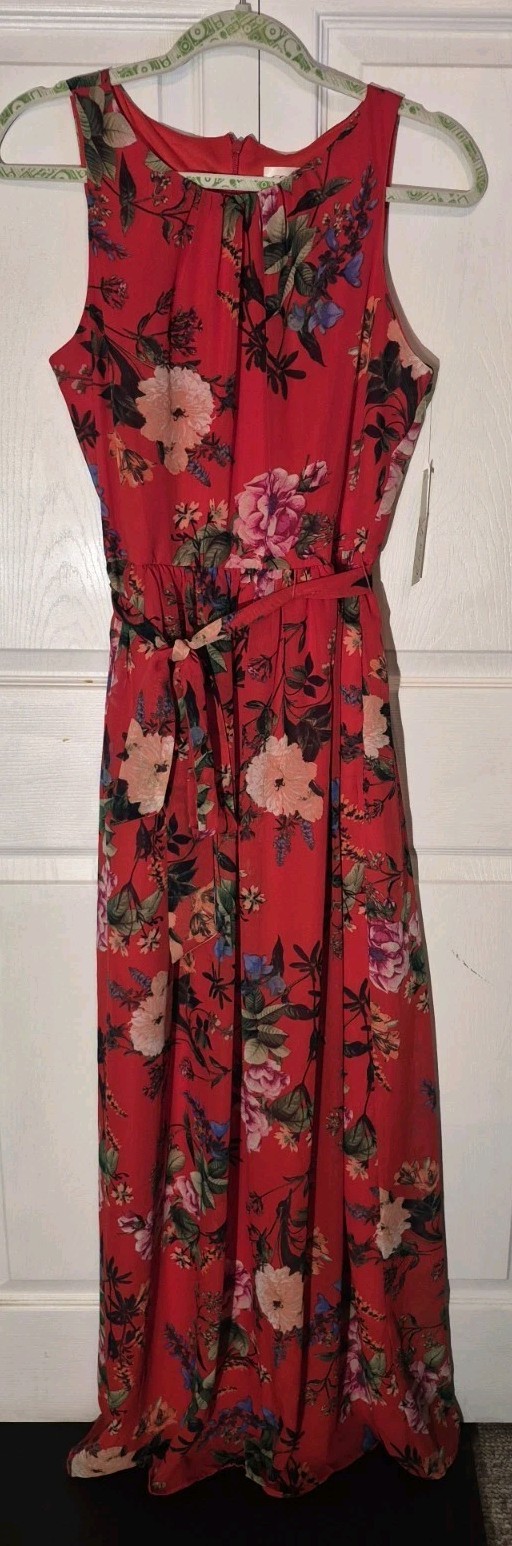 Romantic Red Botanical Floral Maxi Dress Chiffon Summer Wedding Guest Sz 8 NWT