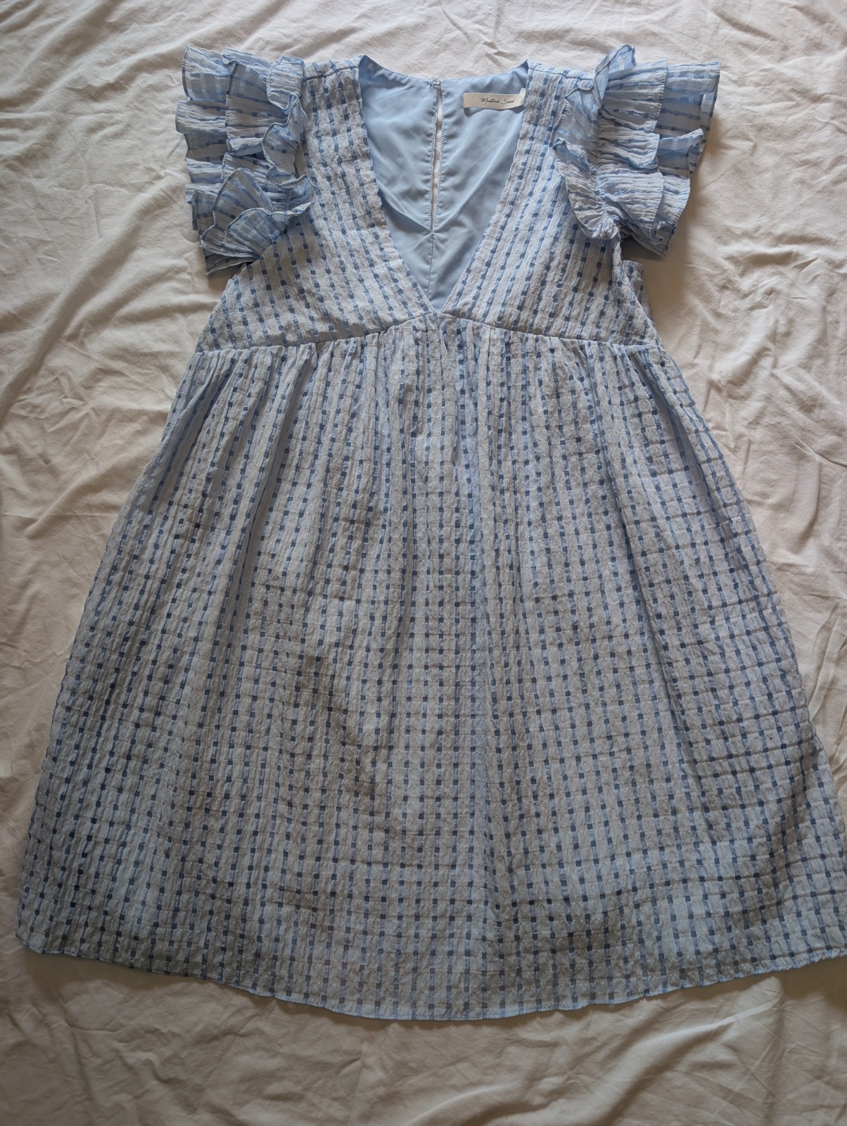 Blue – White Gingham plaid Check Flutter Sleeve Babydoll Mini V-Neck Dress