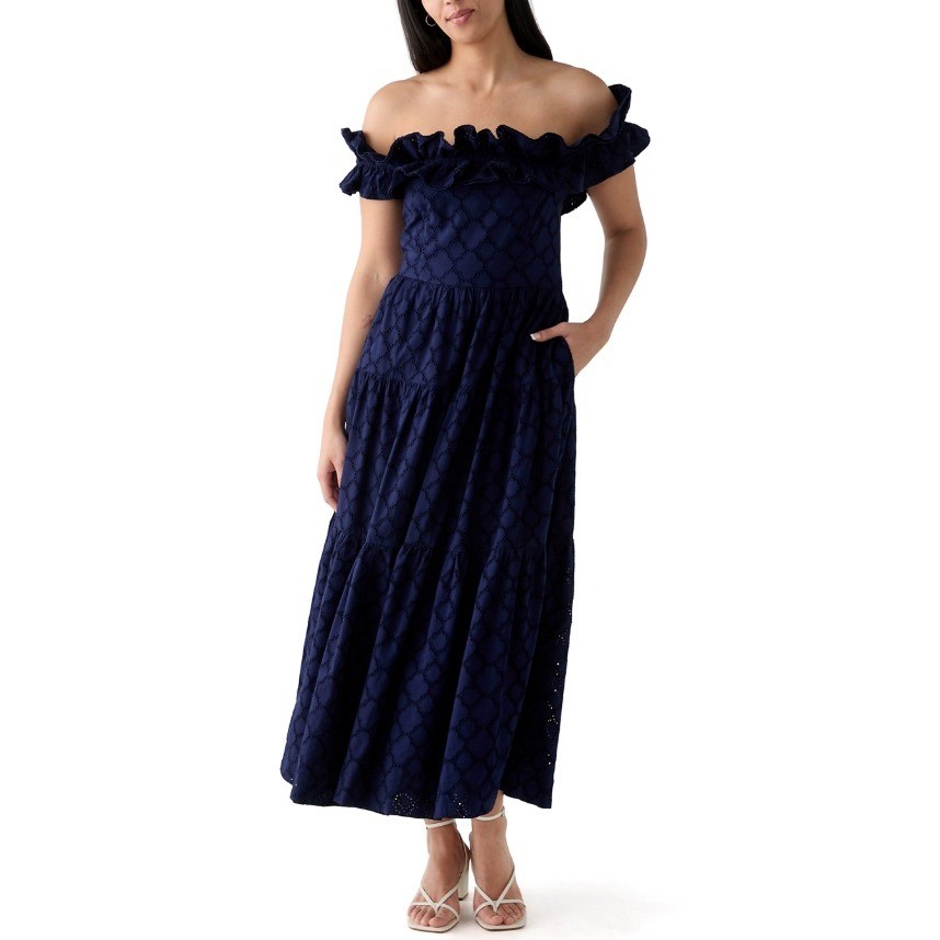 Crown & Ivy NWT Off Shoulder Navy Blue Eyelet Ruffle Tiered Midi Dress Large
