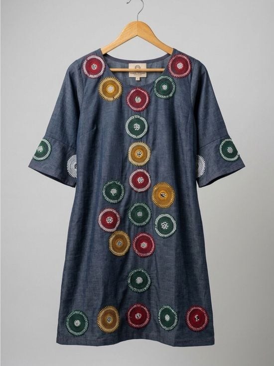 Embroidered Navy Mini Dress with Multicolor Medallions