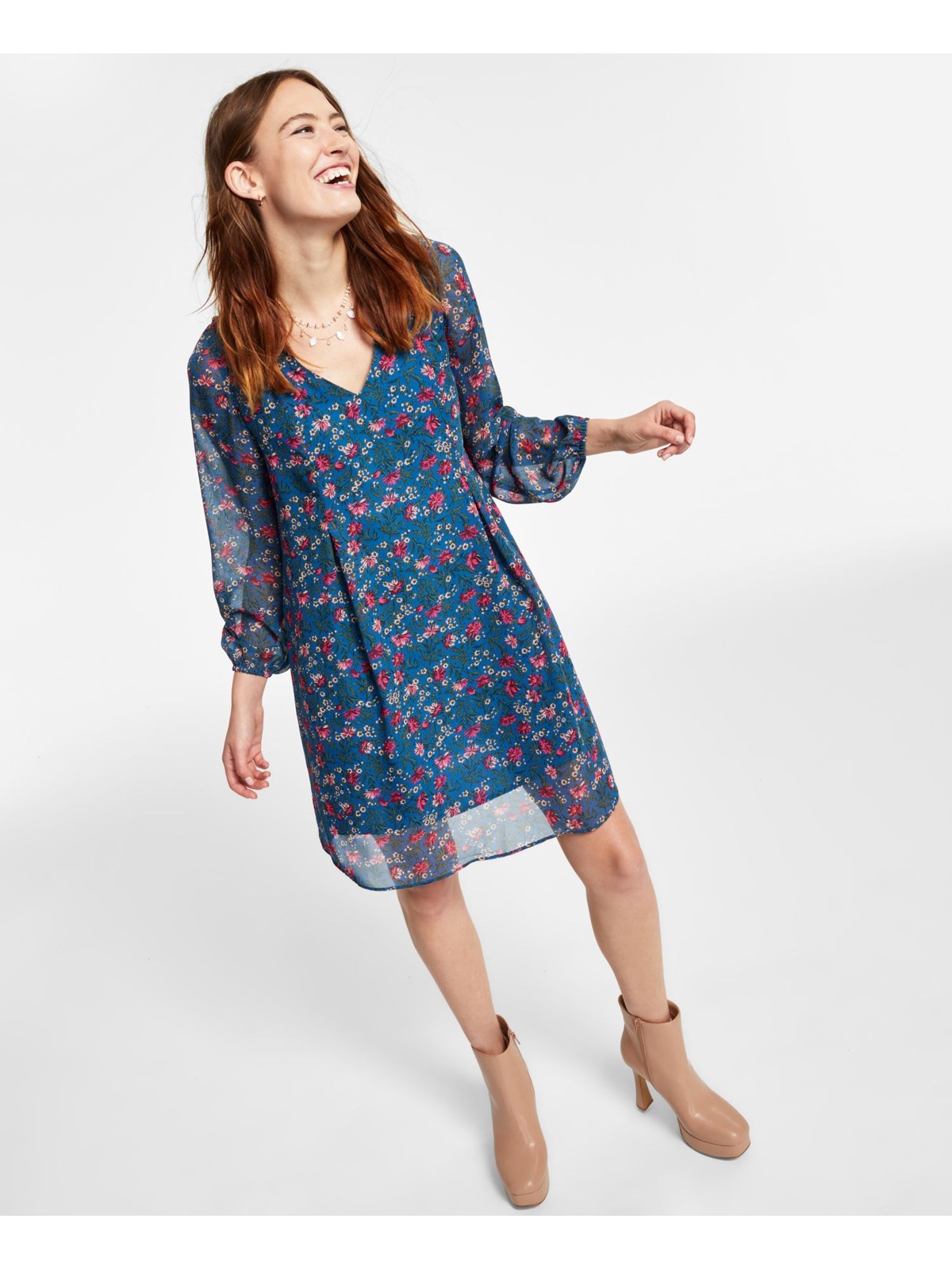 INC DRESSES Womens Blue Lined Belted Blouson Sleeve Above The Knee Shift Dress S