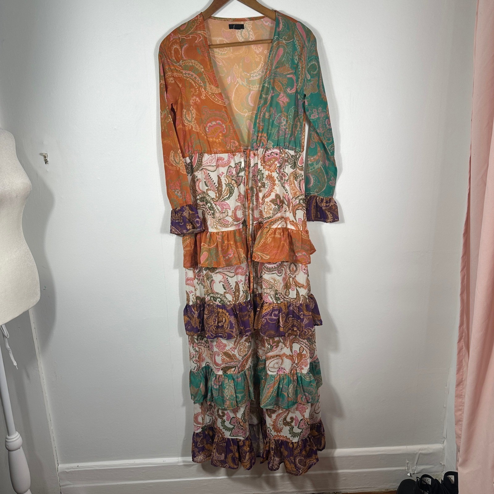 Nasty Gal Paisley Patchwork Tiered Maxi Dress Boho Festival Ruffle US 4