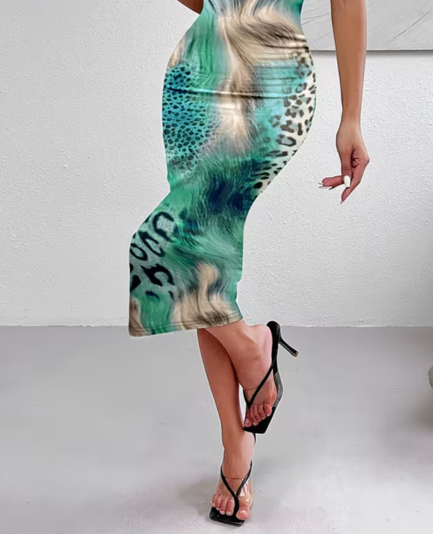 NEW Large. Sexy Intoxicating Abstract Leopard Aqua Green Camisole Midi Dress.