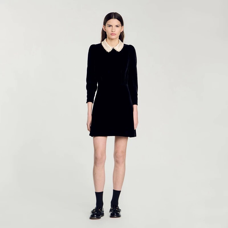 Sandro Round neck Stapled bead Hot drilling Sleeveless Black Dress