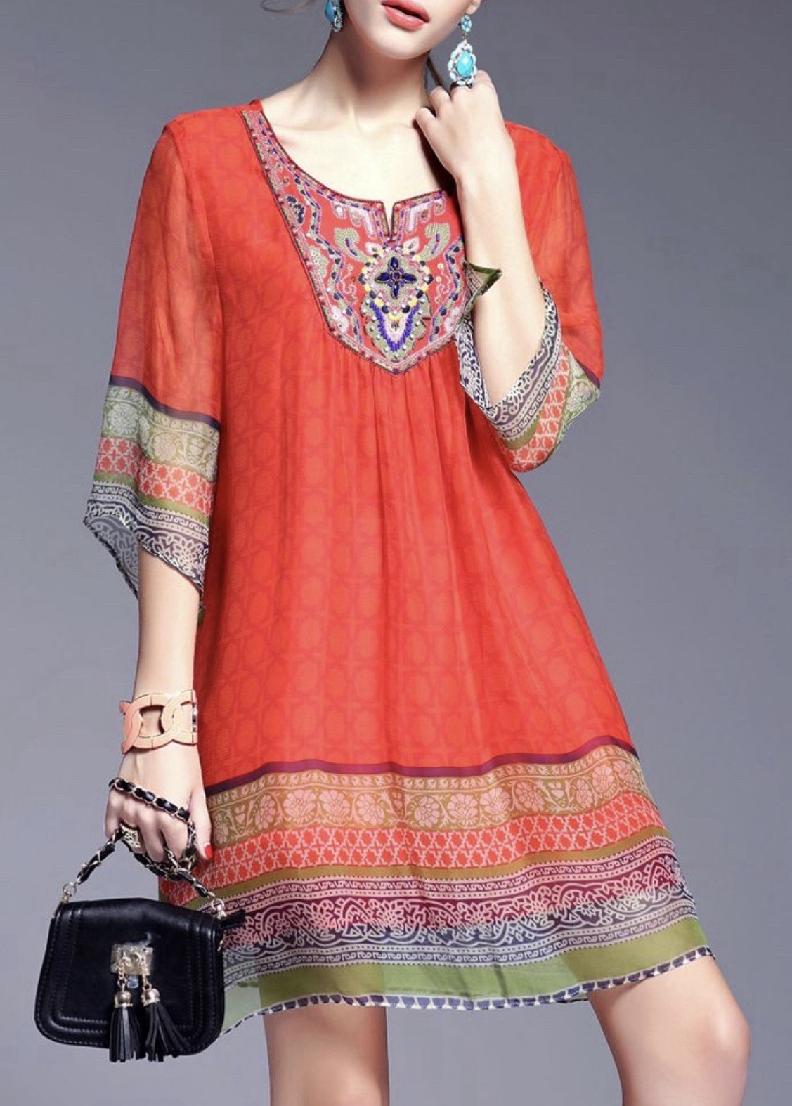 New Stylewe 100% Silk Tunic Dress Sz XXL Crepe de Chine Embellished 20” Bust