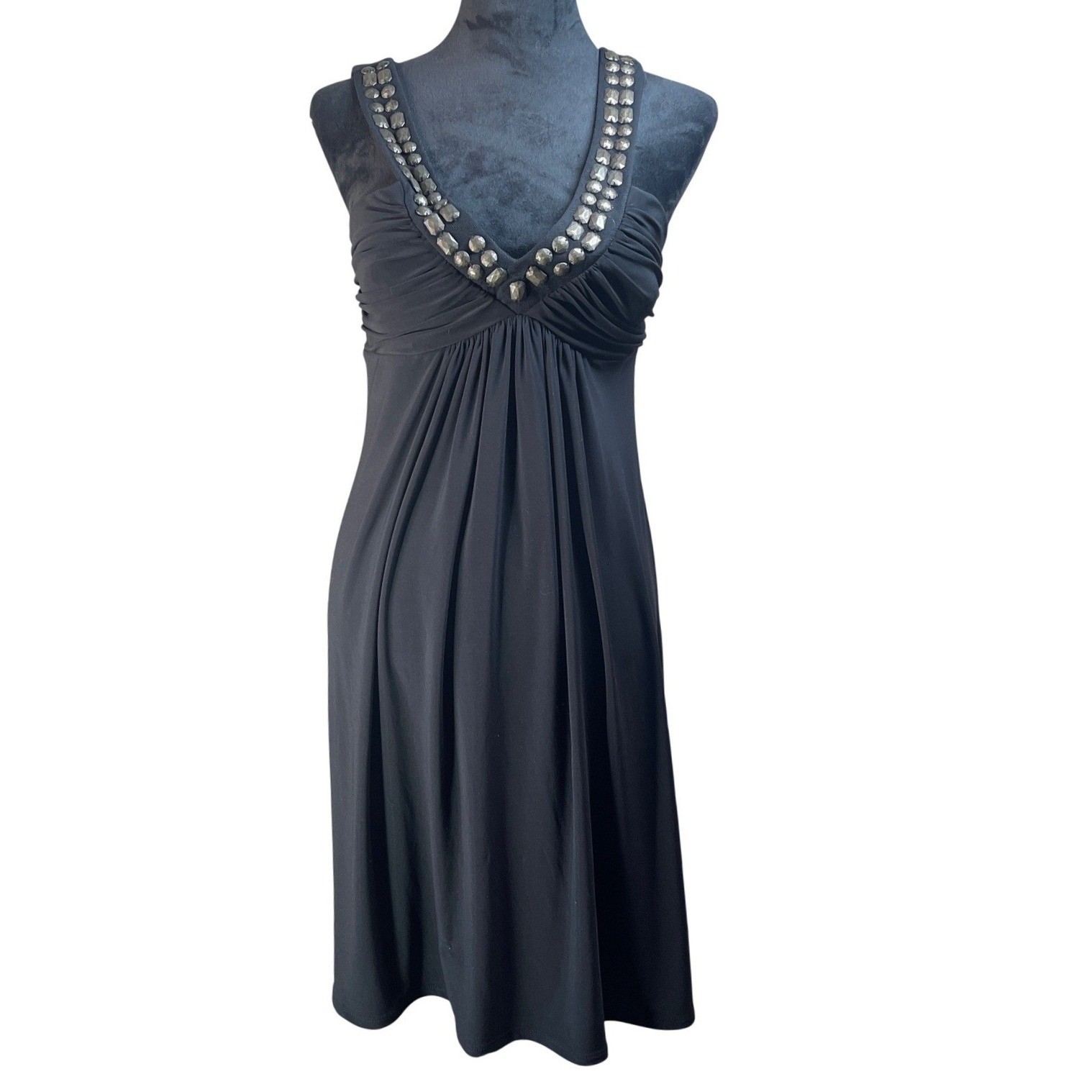 Bisou Bisou Embellished V Neck Ruched Black Dress Size 12 studded whimsigoth