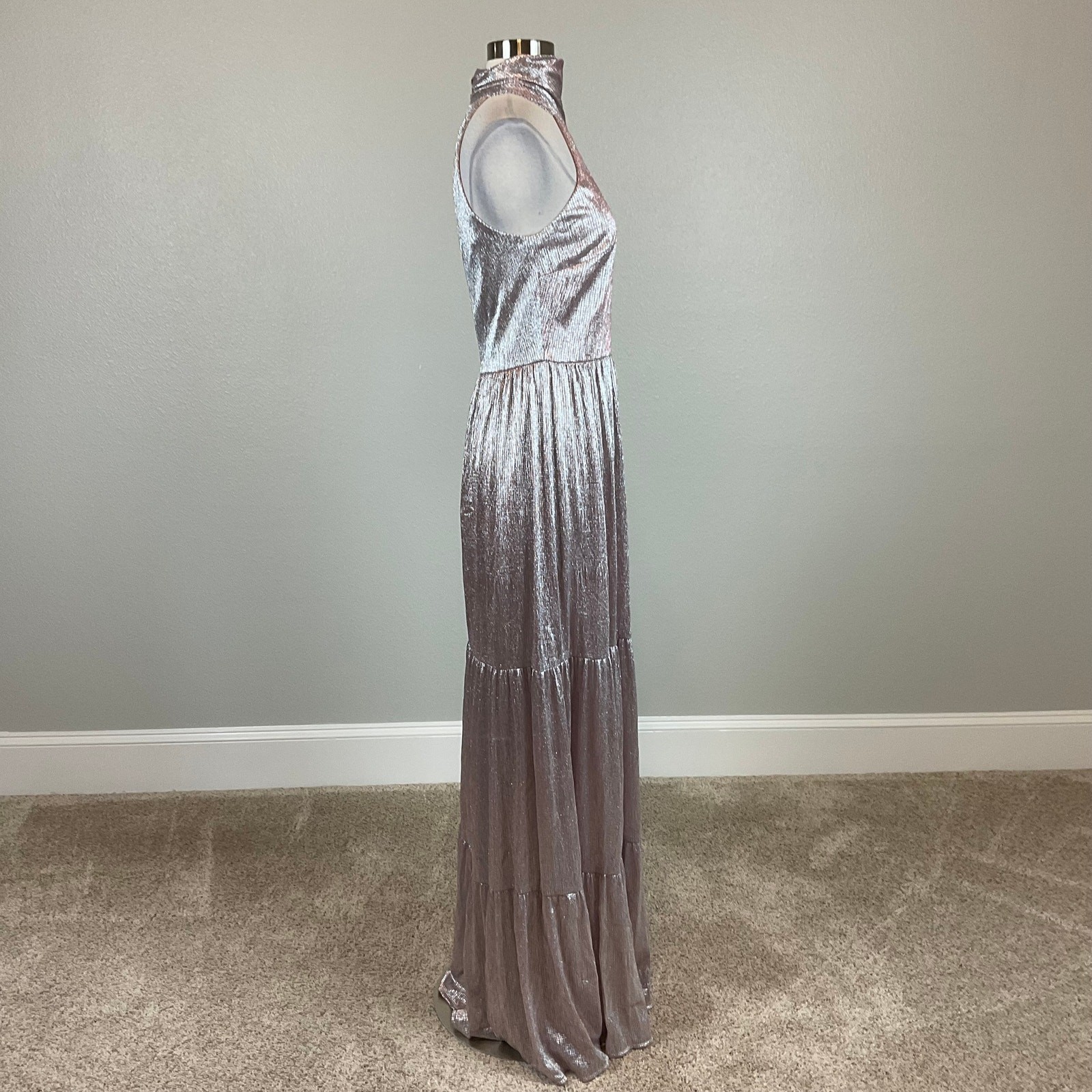 AQUA Pink and Silver Evening Gown Metallic A-Line Halter Maxi Dress Size 10