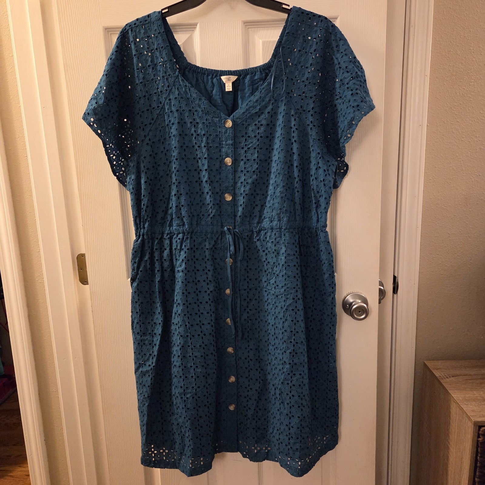 Terra&Sky sz 1X Teal Blue eyelet flutter slv shirt dress NWT classic cottagecore