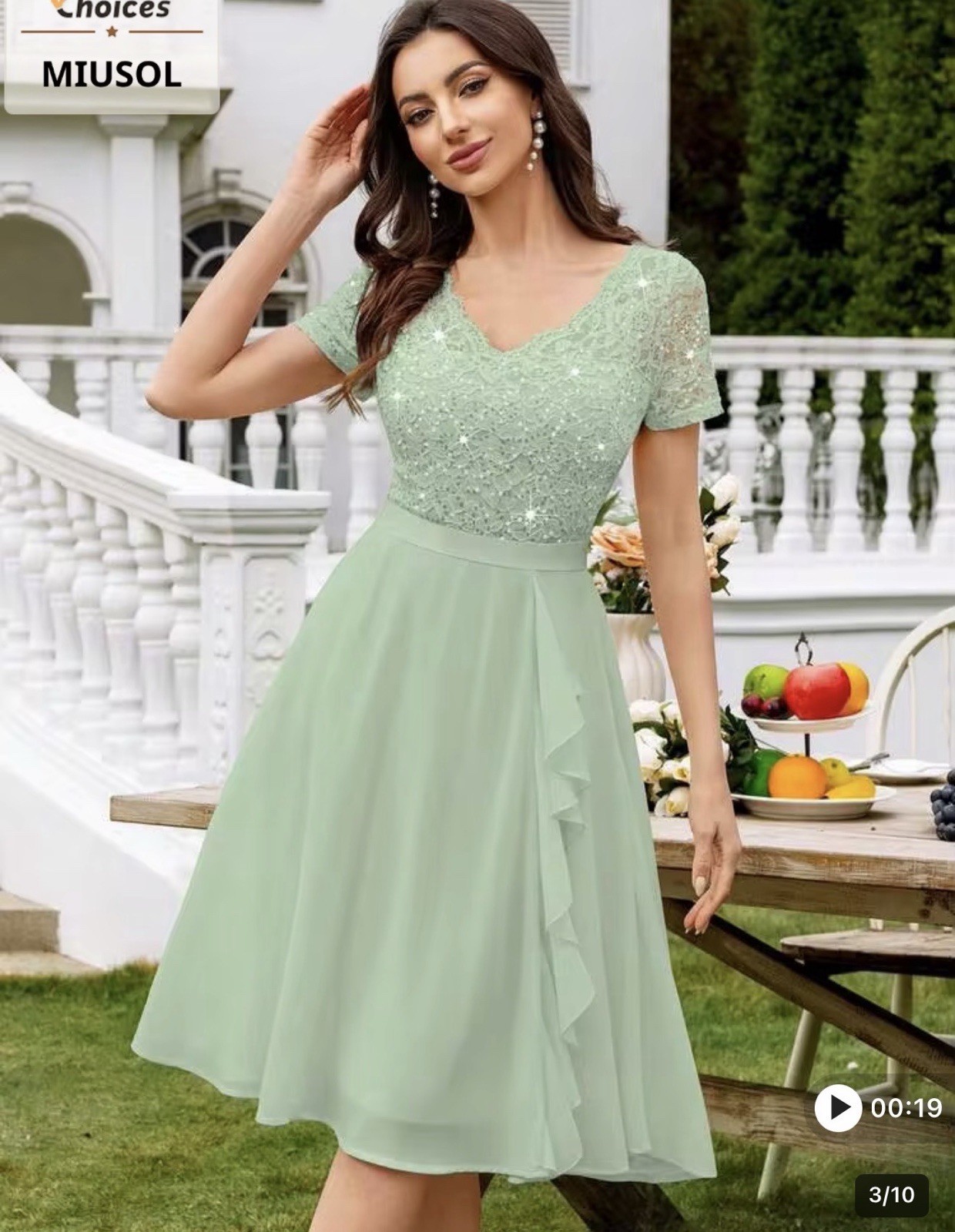 MIUSOL Green Lace Sequin V-Neck Short Sleeve A-Line Knee Dress Size XL