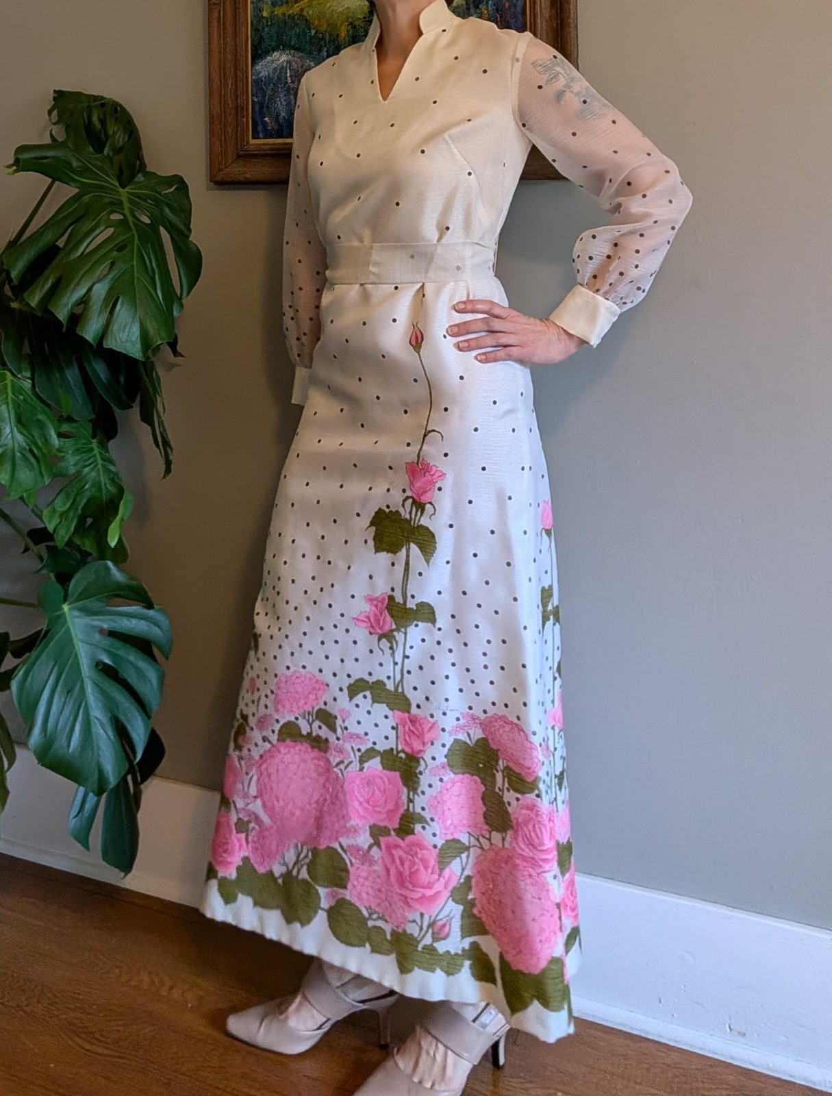 Vintage Alfred Shaheen Floral Maxi Dress Sheer Sleeves Hostess Belt Pink 70s MOD