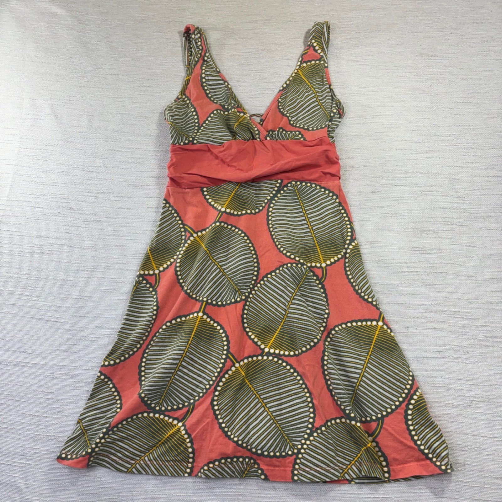 Patagonia Womens Leaf Print Organic Cotton V-Neck Empire Waist Dress Medium