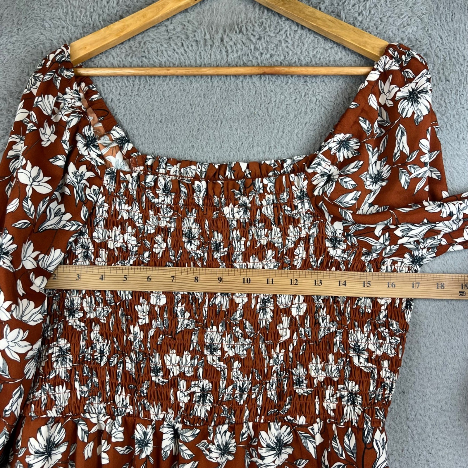 Rust Brown Floral Smocked Maxi Dress Long Sleeve Square Neck Boho Slit L