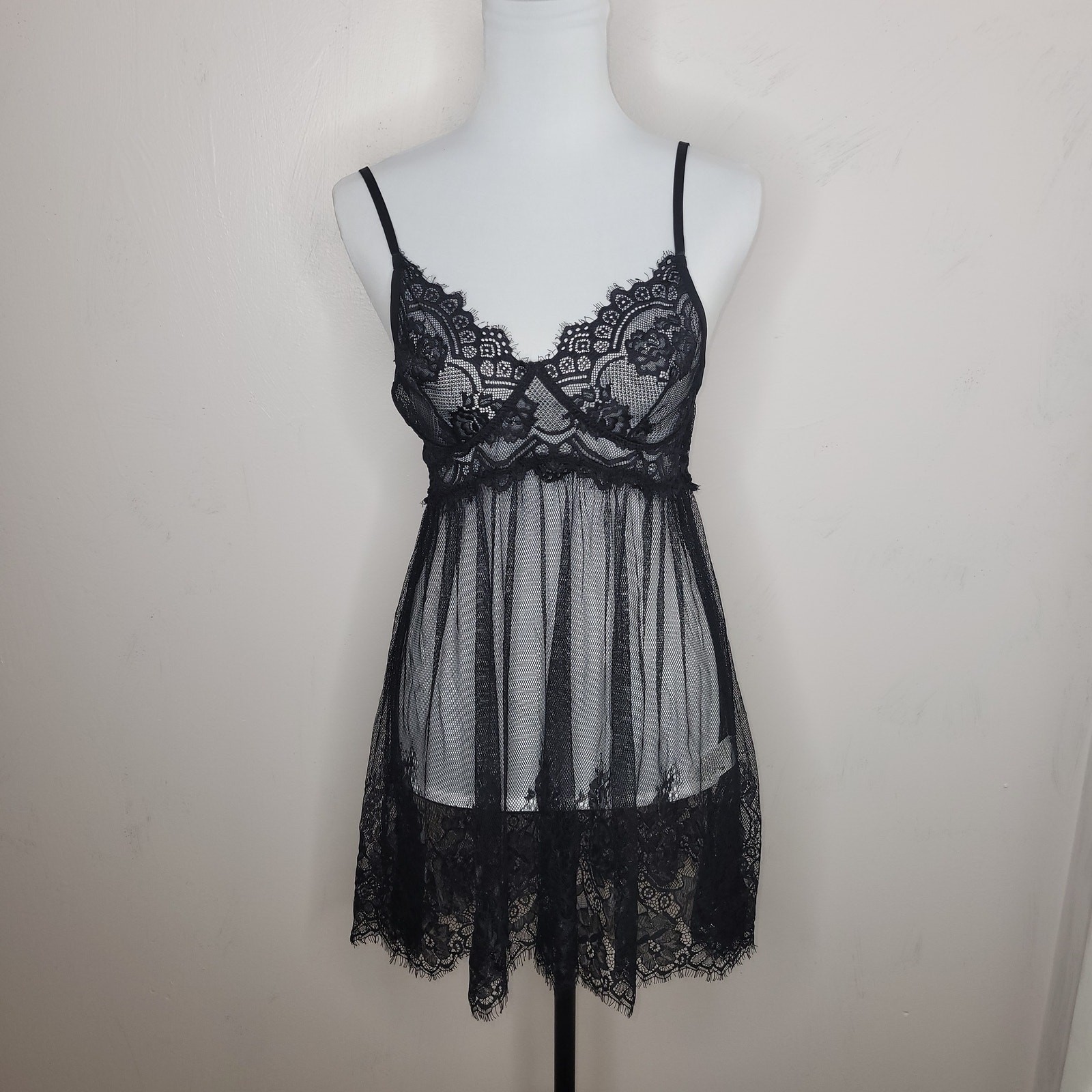 Womens Babydoll Sheer Dress Lace Size Large Black Underwire Nightie Negligee L