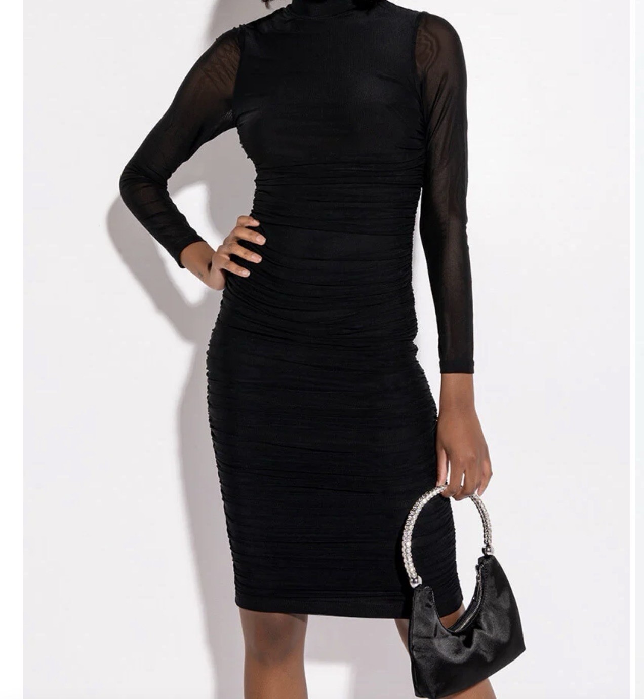 AKIRA Long Sleeves Sheer Runched Bodycon Black Dress Sz M