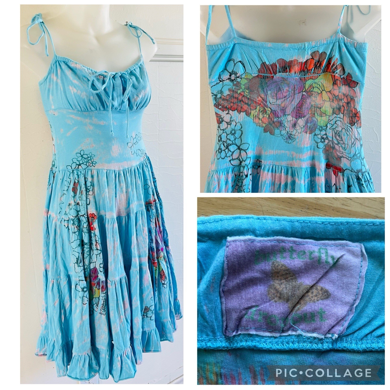 Vtg 1990s Y2K Butterfly Dropout Tiered Turquoise Tattoo Print Mini Dress-XS USA