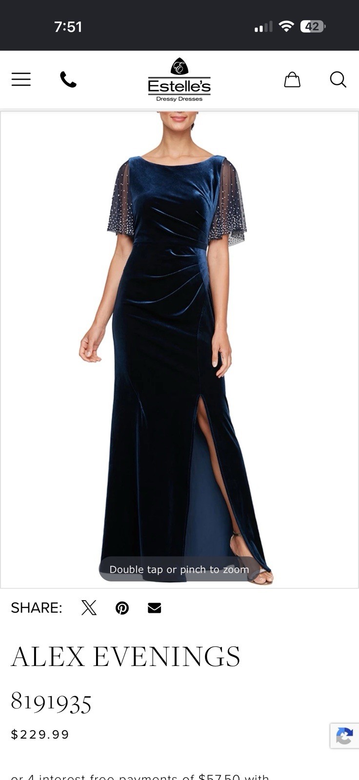 Alex Evenings Navy Velvet Maxi Dress Scoop Neck Beaded Sleeves Slit 12