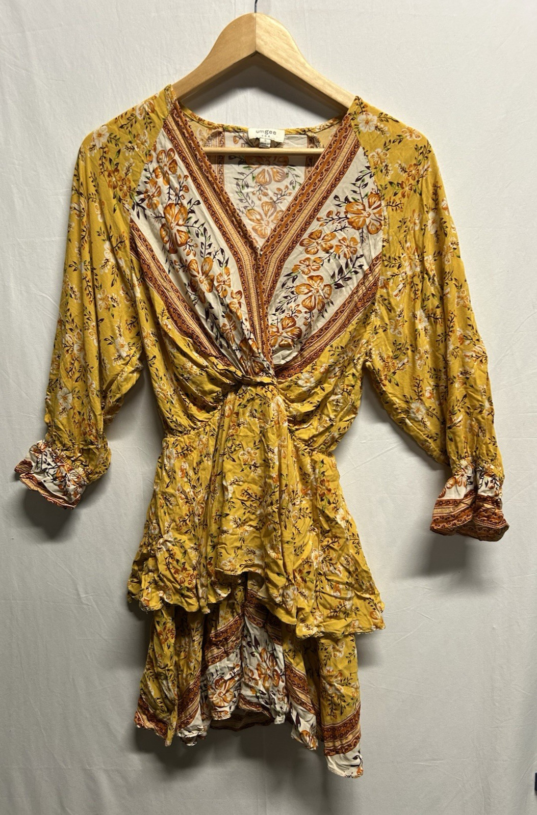 Umgee Dress Womens Small Yellow Floral Boho Hippie Garden Party Colorful Layered