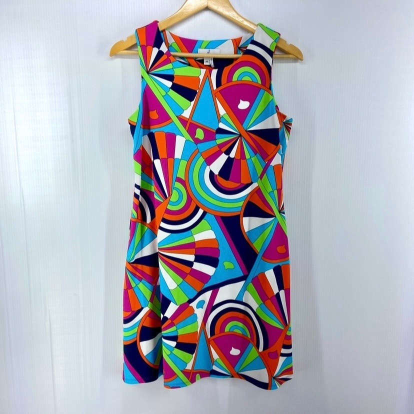 Jude Connally Beth Dress Sleeveless Sheath Multi Color Geometric Womens Medium