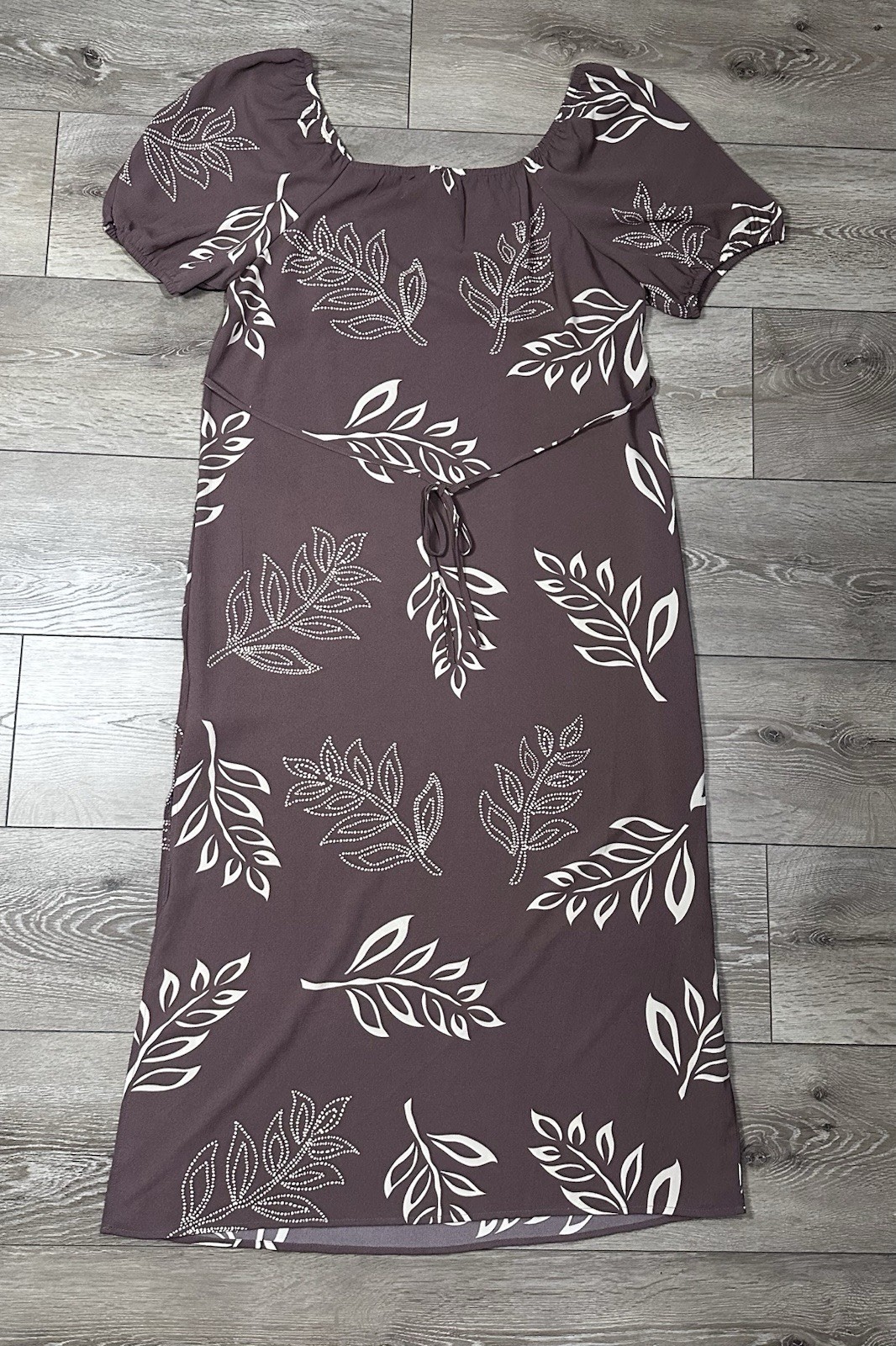 Absolutely Famous XL Square Neck Puff Sleeve Neutral Leaf Print Midi Dress Boho